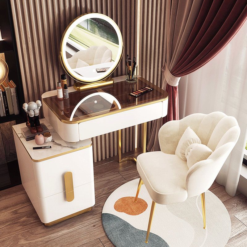 Tavolo da toeletta in legno per trucco top in vetro con cassetti di stoccaggio