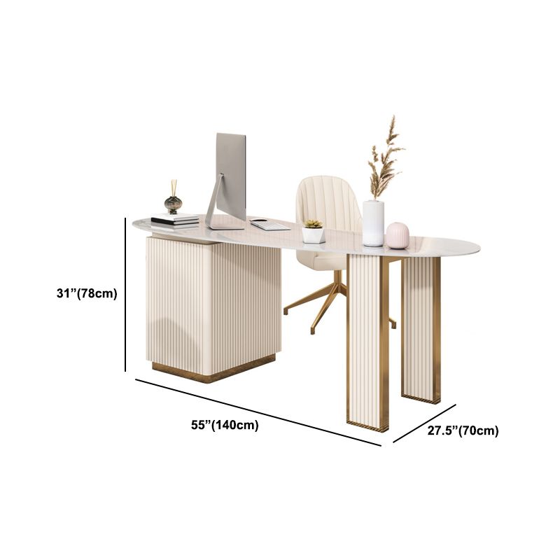 Beige 3 Drawers Writing Desk Glam Stone and Metal Office Desk for ...