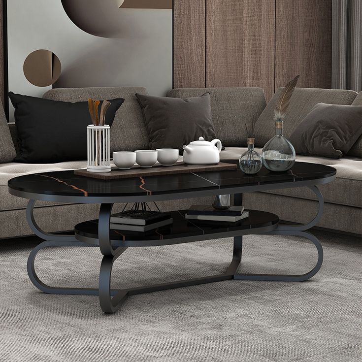 Metal Abstract Base Cocktail Table Oval Slate Top Coffee Table with Shelf Clearhalo 'Coffee & Accent Tables' 'Coffee Tables' 'coffee_tables' 'furn' 'furn_coffee_tables' 'Furniture' 'Living Room Furniture' 1200x1200_b13f4751-e73e-4afe-bcb2-fa1c4b4f40a6