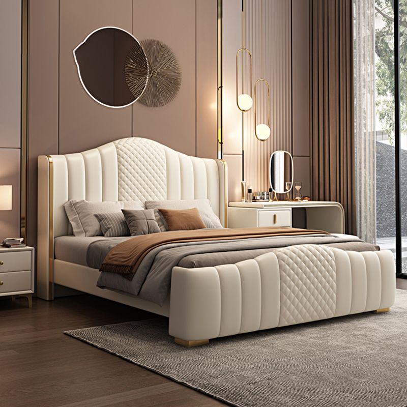 Glam Beige Standard Bed Camel Back Pine Wood and Metal Panel Bed Clearhalo 'Bedroom Furniture' 'Beds' 'furn' 'furn_beds' 'Furniture' 1200x1200_b151ddb6-e4f5-450a-8c1d-2d9cf23c7d39