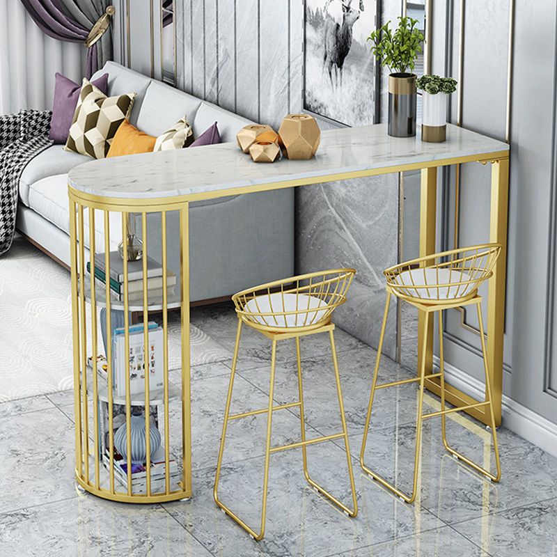 Glam Gold Iron Bar Dining Table White Stone Top Indoor Bistro Table with Shelf Clearhalo 'Bar Furniture' 'Bar Tables' 'bar_tables' 'furn' 'furn_bar_tables' 'Furniture' 'furniture_bar_tables' 'Kitchen & Dining Furniture' 1200x1200_b171ebd9-d3ed-4edd-b5d2-44b6e6bb911a