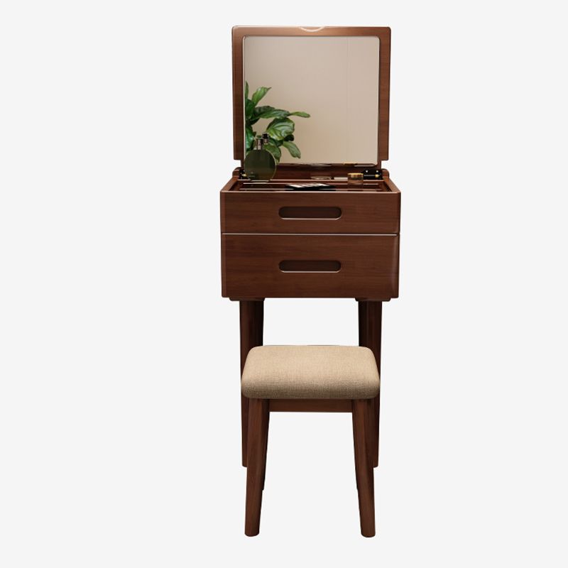 Traditional Solid Wood 2 Drawers Vanity Table with Mirror and Stool