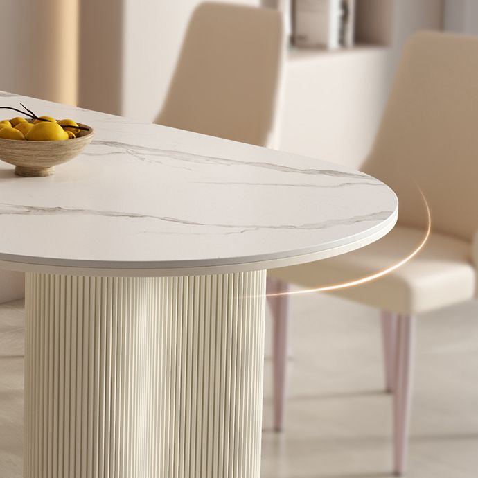 Modern Linen White Finish Oval Stone Top Dining Table with Double Pedestal Base