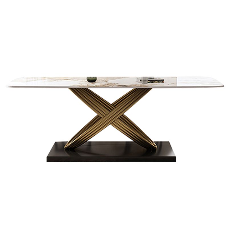 Mesa rectangular de piedra sinterizada de estilo industrial con patas de metal para uso doméstico