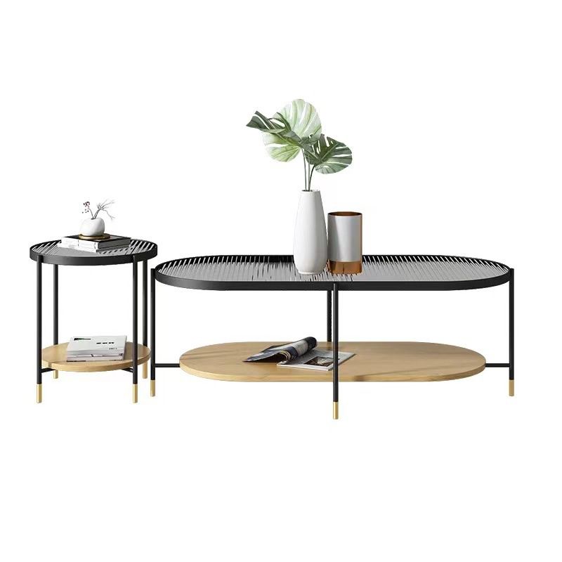 Modern Oval / Round Glass Coffee Table Iron 4 Legs Cocktail Table with Shelf