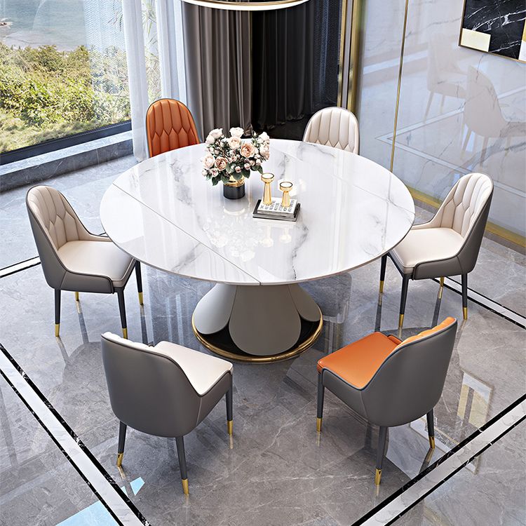 Round Modern Stone Dining Table Extendable for Small Spaces in White