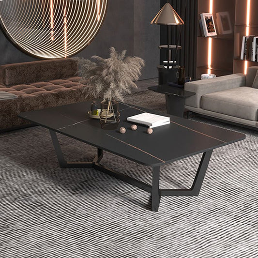 Glam Style Rectangular Slate Table with Trestle Shaped Base Design Coffee Table