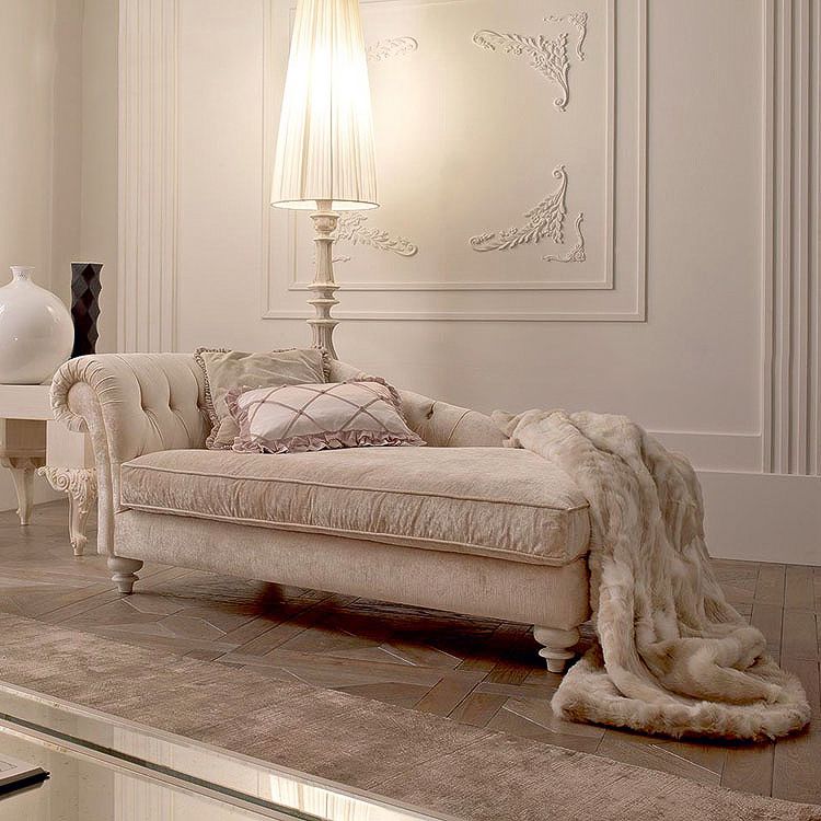 French Country Beige Chaise Lounge with Chenille for Bedroom and Living Room