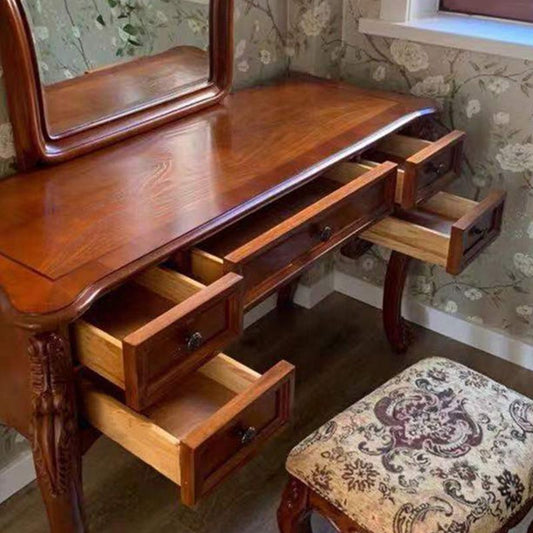 Tavolo da trucco per vanità in legno massiccio a 5 cassetti con specchio e sgabello in marrone