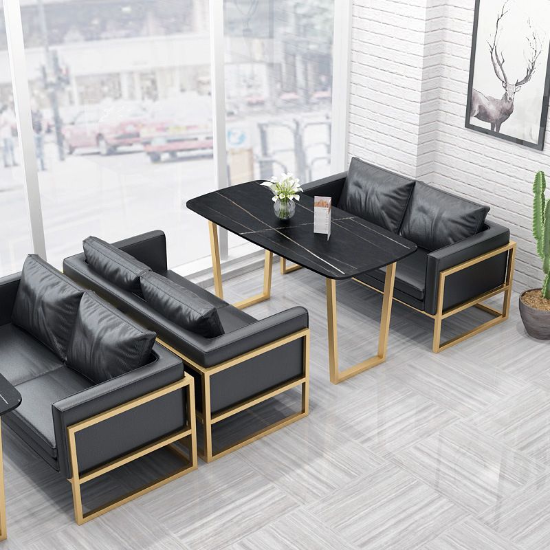 Industrial Style Dining Table Sintered Stone Sled Dining Table with Gold Frame Clearhalo 'Dining Tables & Seating' 'Dining Tables' 'dining_table' 'furn' 'furn_dining_table' 'Furniture' 'furniture_dining_table' 'Kitchen & Dining Furniture' 'kitchen' 'kitchen_dining_table' 1200x1200_b1dbcd16-4e17-445b-9aa6-54bdf79c599d