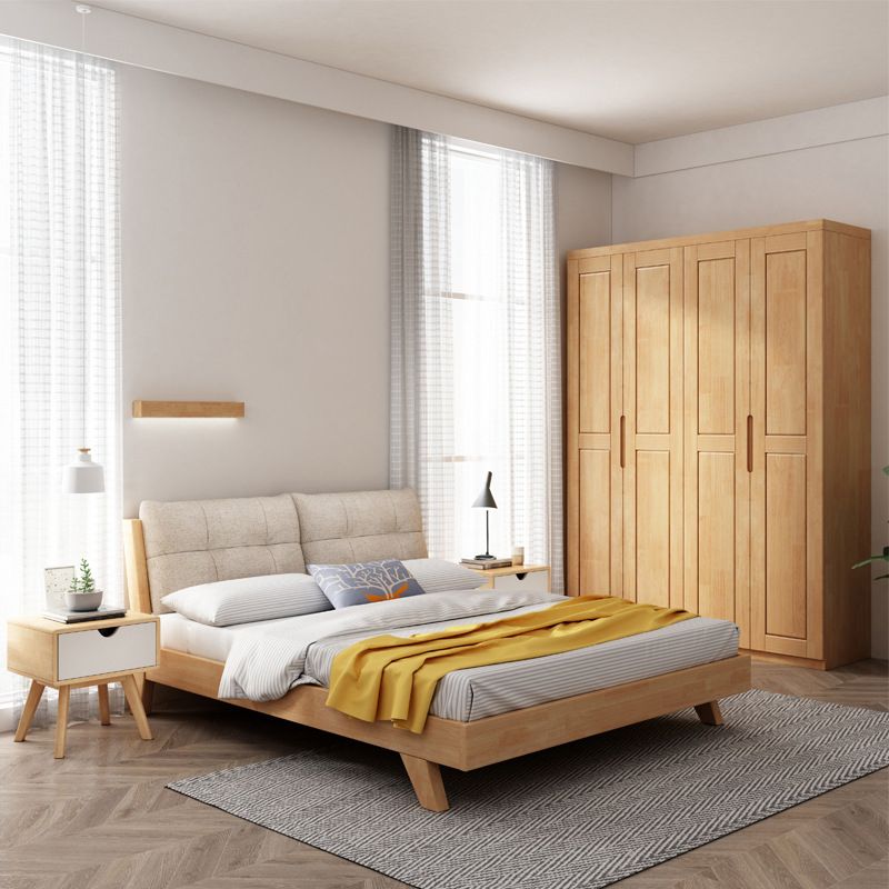 84.65 inch Wide Mid-century Bed Frame Solid Wood Bed with Upholstered Headboard