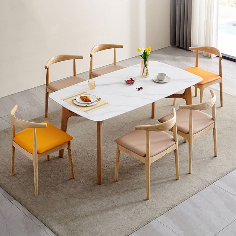 Contemporary Style Rectangle Table Sintered Stone Table with Wood Legs for Kitchen