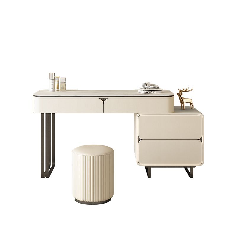 Contemporary Beige Makeup Vanity Desk with Drawers and Wooden Top