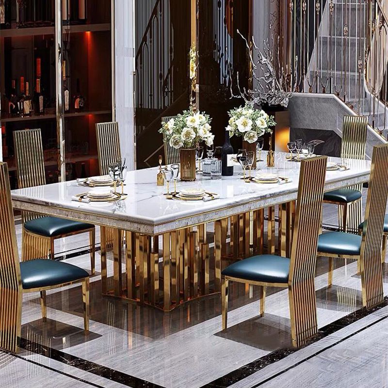 Traditional Luxury Marble Dining Table Rectangle Table with Metal Double Pedestal in Gold Clearhalo ' dining_table' 'Dining Tables & Seating' 'Dining Tables' 'furn' 'furn_dining_table' 'Furniture' 'furniture_dining_table' 'Kitchen & Dining Furniture' 'kitchen&dining_furn' 'kitchen' 'kitchen_dining_table' 1200x1200_b2917edc-e196-4b50-aa0b-fa15d4b1a7b5