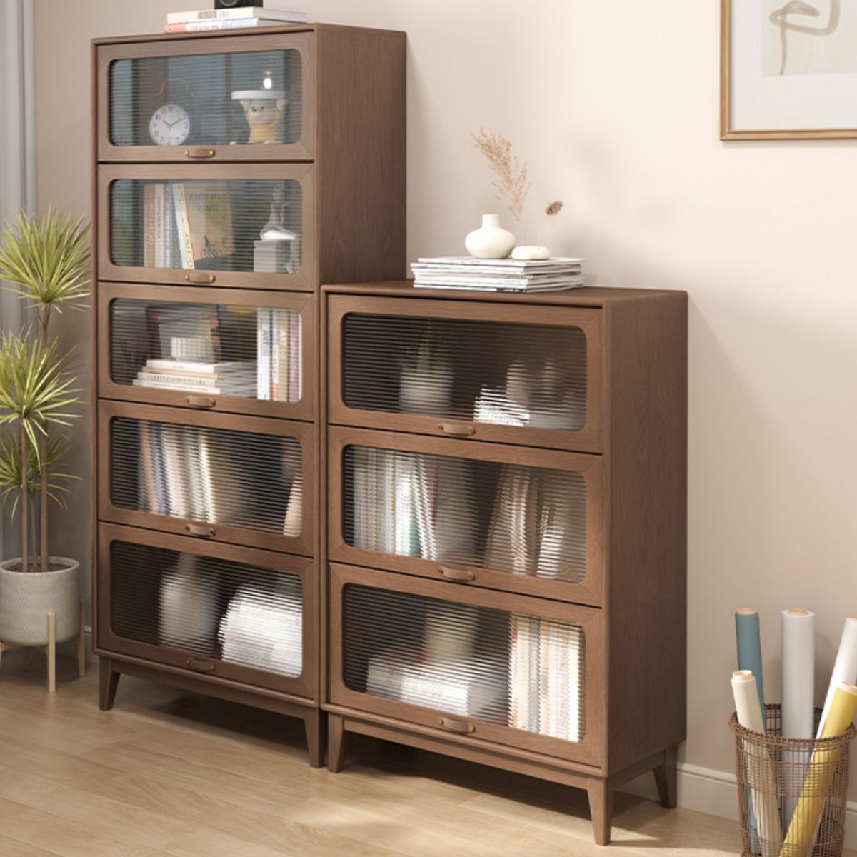 Mid-Century Modern Glass Paned Cabinet,  Solid Wood Accent Cabinet