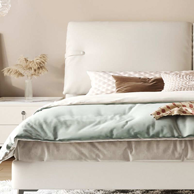 Cama moderna de la cama de cuero genuino de cuero cama de panel de madera de pino con cabecera tapizada