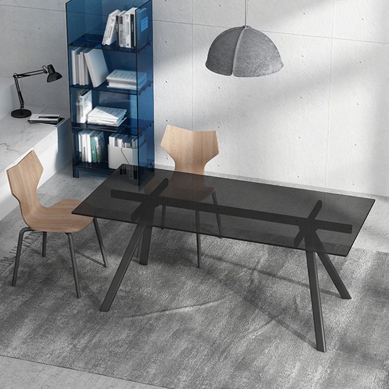 Tavolo da pranzo rettangolare in vetro rettangolare contemporaneo con gambe in acciaio