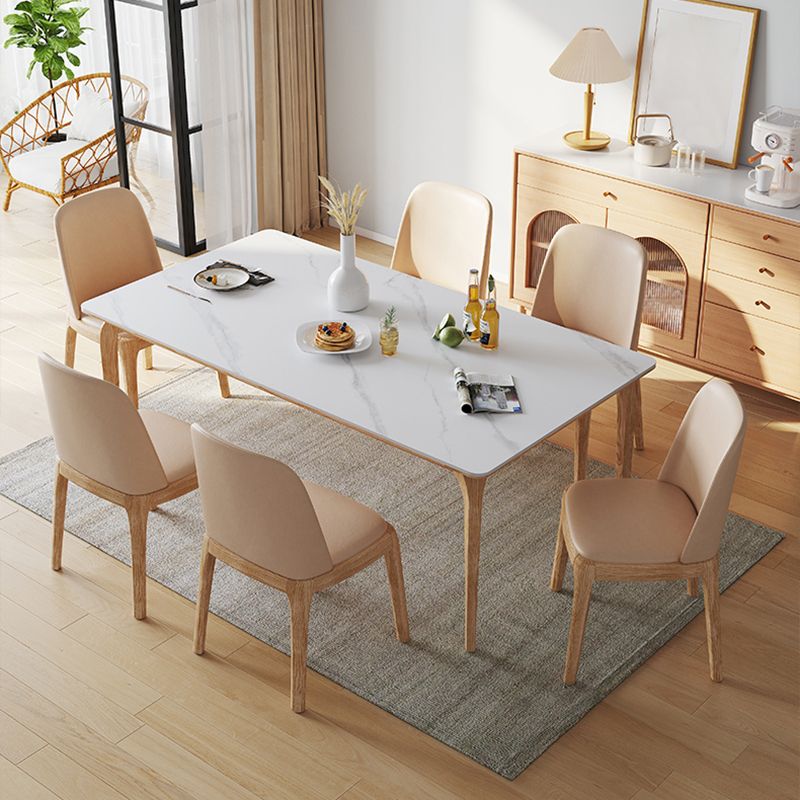 Modern White Rectangular Stone Top Dining Table with 4 Ash Legs