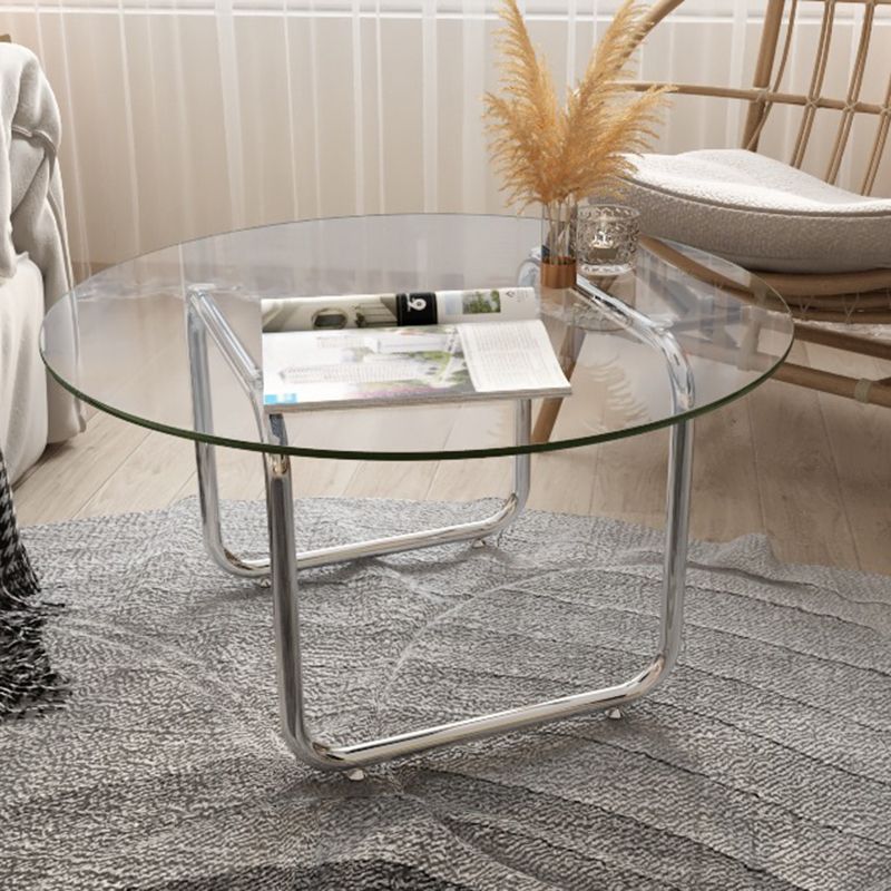 Contemporary Round Glass Top Coffee Table with Steel Sled Legs Clearhalo 'Coffee & Accent Tables' 'Coffee Tables' 'coffee_tables' 'furn' 'furn_coffee_tables' 'Furniture' 'Living Room Furniture' 1200x1200_b2ec8a00-39a8-401d-905e-12eb811cf4ec