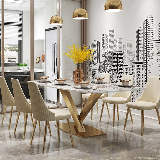 Metal Traditional Luxury Rectangle Dining Table Sintered Stone Top Table with Pedestal Base