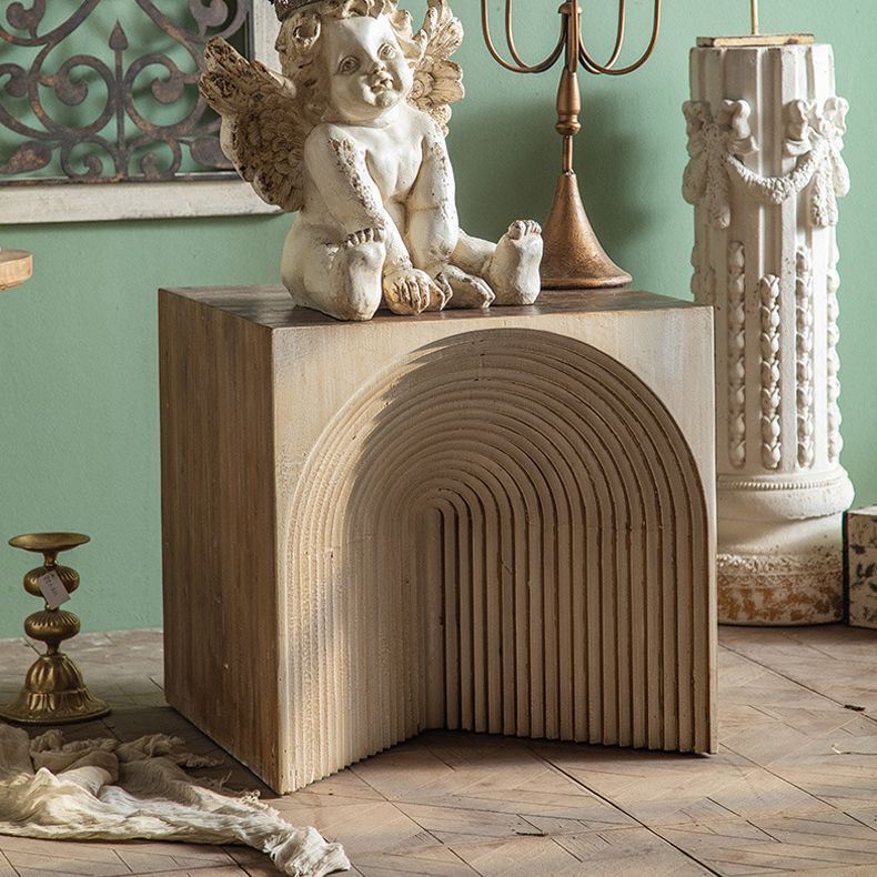 Solid Wood Drum End Table Rustic Engraved Design Accent Side Table