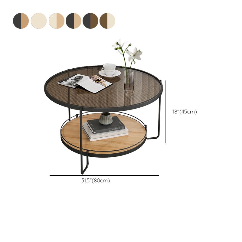 Table basse ronde en verre de 17,7 po de hauteur, table de cocktail à 3 pieds en fer avec étagère