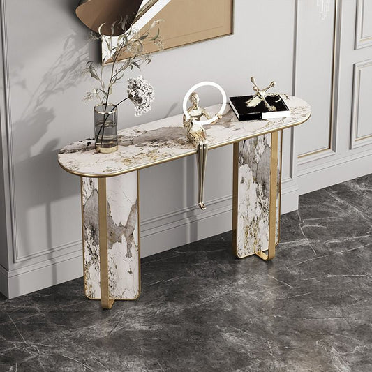 Stone Oval Console Table 33.46" Tall 1-shelf Accent Table for Hall Clearhalo 'Console Tables' 'console_tables' 'Entry & Mudroom Furniture' 'furn' 'furn_console_tables' 'Furniture' 1200x1200_b319973c-208f-4a04-99dc-54271b4ea883