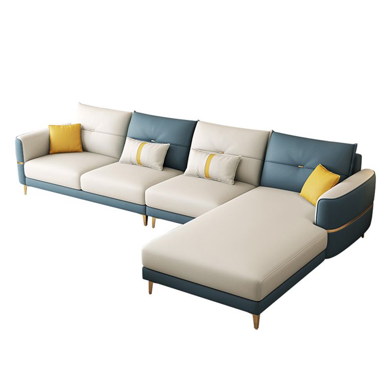 Glam Faux Leather Sofa Blue and Beige Square Arm Sofa with Pillows