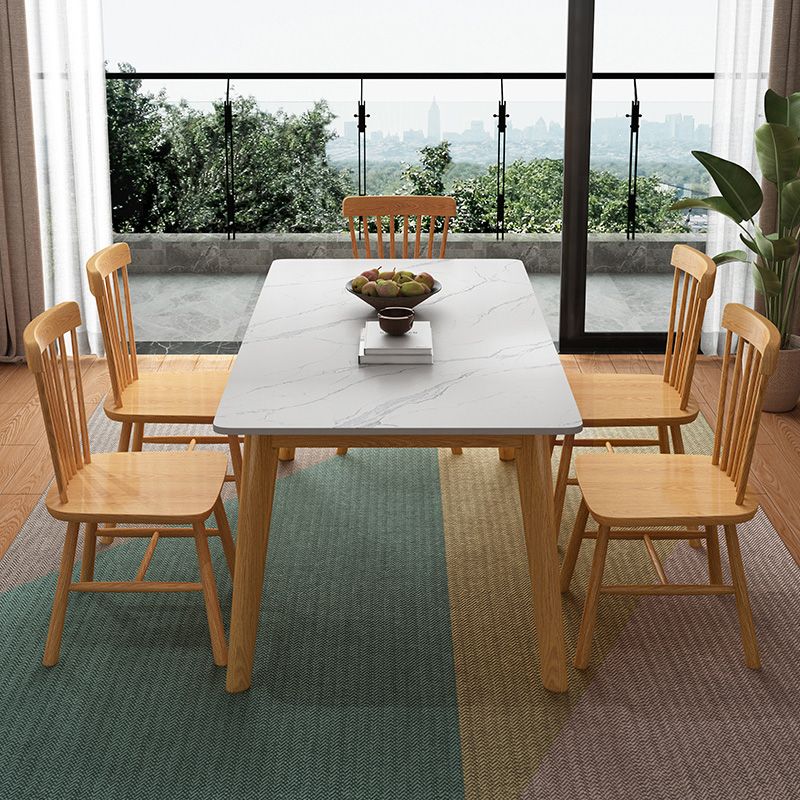 Rectangle Stone Dining Table Rubberwood Solid Wood Legs Dining Table