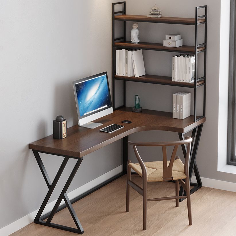 L-Shape Right Corner Desk Modern & Contemporary Brown Writing Desk with Shelf Clearhalo 'furn' 'furn_office_desk' 'Furniture' 'Office Desks' 'Office Furniture' 'office_desk' 1200x1200_b3374715-84e8-473c-8541-342278b15905