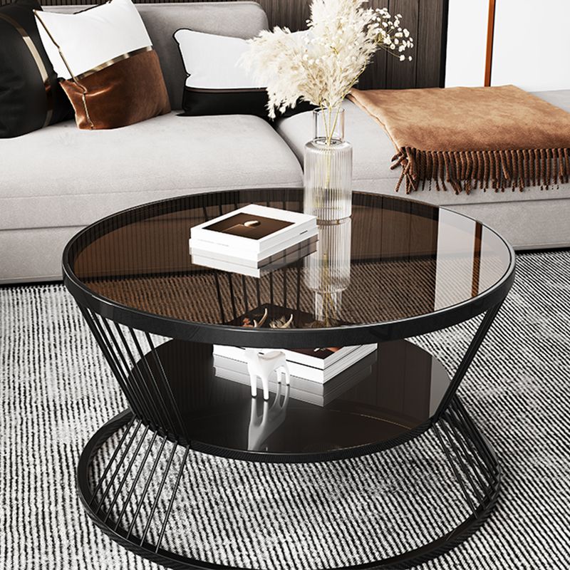 Round Coffee Cocktail Table Glass Top Frame Coffee or End Table with Storage Shelf Clearhalo 'Coffee & Accent Tables' 'Coffee Tables' 'coffee_tables' 'furn' 'furn_coffee_tables' 'Furniture' 'Living Room Furniture' 1200x1200_b37d287c-31b3-4a80-b22f-1f9ca15f018b