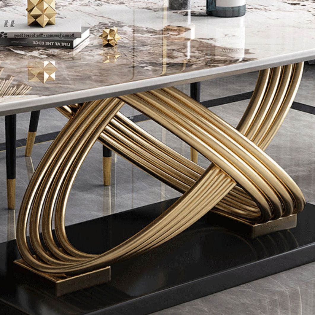 Mesa de comedor estilo Glam, mesa rectangular de piedra sinterizada con patas de metal para el hogar