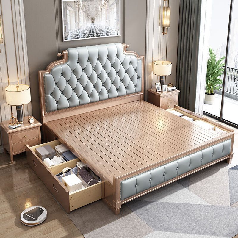 Victorian Style Bed Frame Rubberwood Bed with Upholstered Headboard