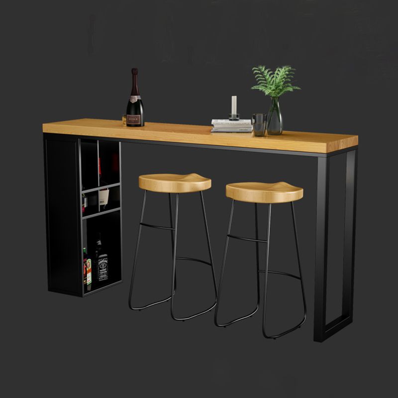 Natural Solid Wood Pub Table Pedestal Rectangle Bar Height Table with Shelves