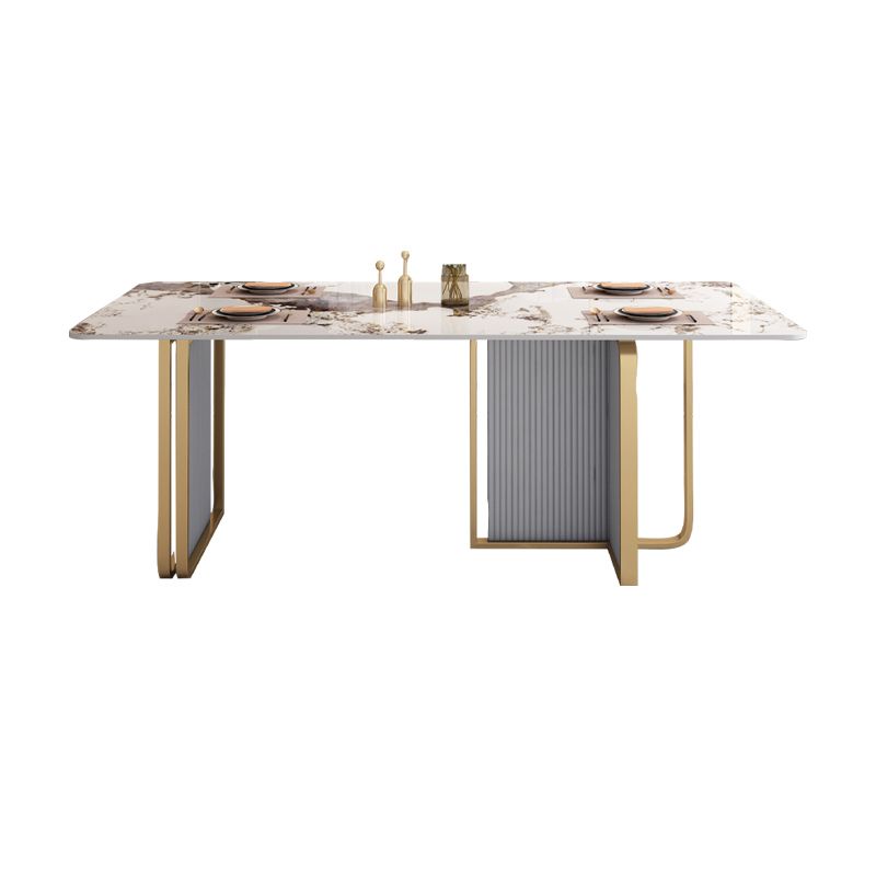 Modern Sintered Stone Table Set for 4/6 with Rectangle Table Dining Set with Gold Double Pedestal Clearhalo 'Dining Room Sets' 'Dining Tables & Seating' 'dining_room_set' 'furn' 'furn_dining_room_set' 'Furniture' 'furniture_dining_room_set' 'Kitchen & Dining Furniture' 'kitchen&dining_furn' 'kitchen' 1200x1200_b3c4069a-68e0-410f-9af9-62244b27bf5d