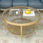Contemporary Round Glass Top Coffee Table with Iron 4 Legs and Shelf Clearhalo 'Coffee & Accent Tables' 'Coffee Tables' 'coffee_tables' 'furn' 'furn_coffee_tables' 'Furniture' 'Living Room Furniture' 1200x1200_b3c72d38-f242-486f-9ad4-50cbd171381b