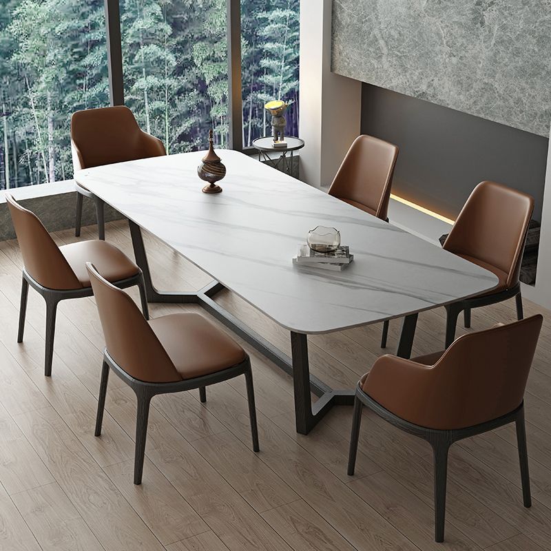Rectangle Trestle Base Industrial Table White Fixed Table with Sintered Stone Clearhalo 'Dining Tables & Seating' 'Dining Tables' 'dining_table' 'furn' 'furn_dining_table' 'Furniture' 'furniture_dining_table' 'Kitchen & Dining Furniture' 1200x1200_b3d738af-a28f-4b5b-a65c-1b518209f1e7