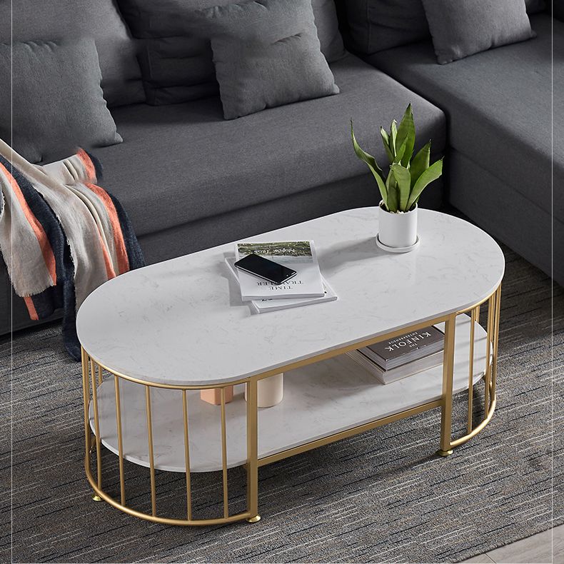 Glam Style Oval Coffee Table with Marble Top and 1 Shelf in White Clearhalo 'Coffee & Accent Tables' 'Coffee Tables' 'coffee_tables' 'furn' 'furn_coffee_tables' 'Furniture' 'Living Room Furniture' 1200x1200_b41dbbe3-34b4-41ae-8ae7-36dc7c56ea8e
