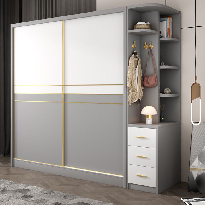 Armadio di stoccaggio bianco e grigio per moderni moderni in legno con porte scorrevoli
