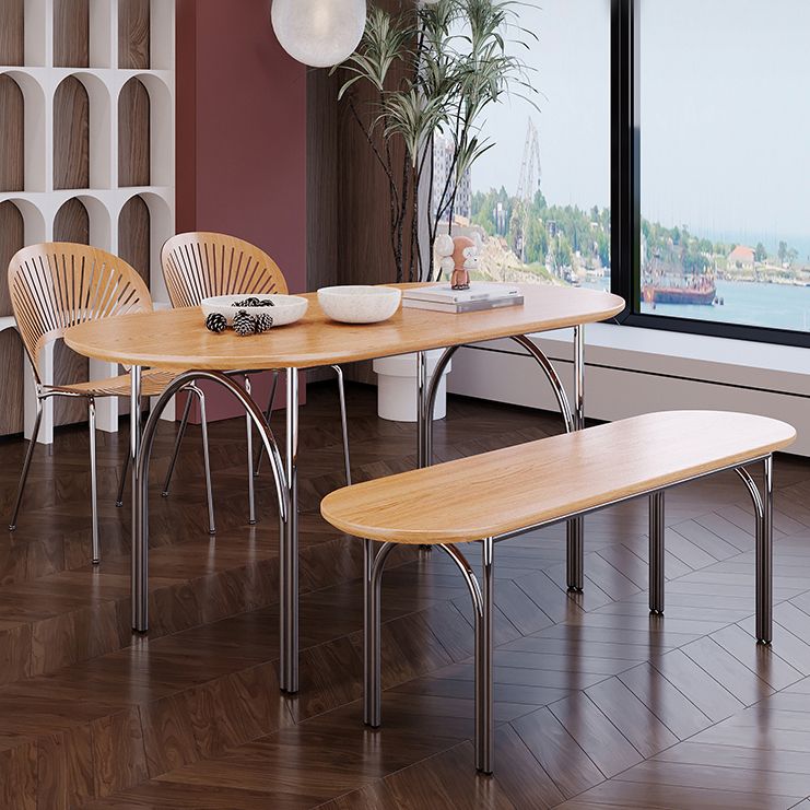 Oval 4 Legs Steel Dining Table Modern Wood Top Chrome Base Dining Site Table