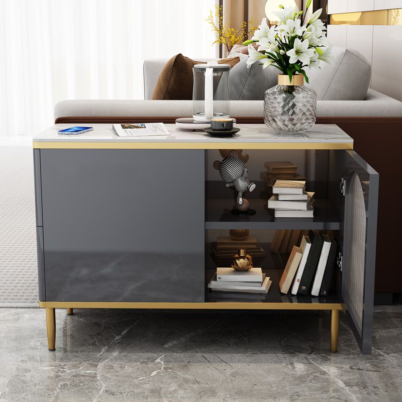 Rechthoekig ijzer 4 poten bijzettafel met twee ladjes eindtafel in grijs/zilver