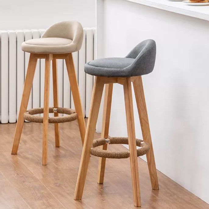 Scandinavian Wood Barstool Low Back Fabric Upholstered Counter Stool in Matte Finish