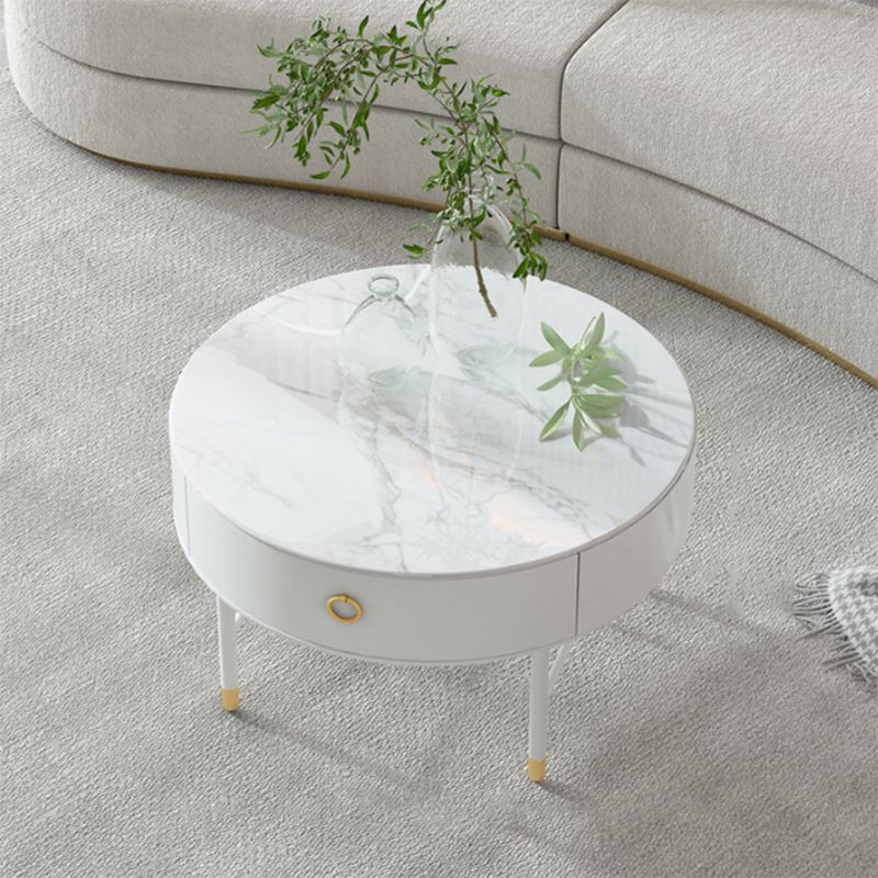 Round Slate Top Cocktail Table 1-Drawer 4 Legs Coffee Table in White of 17.7" H