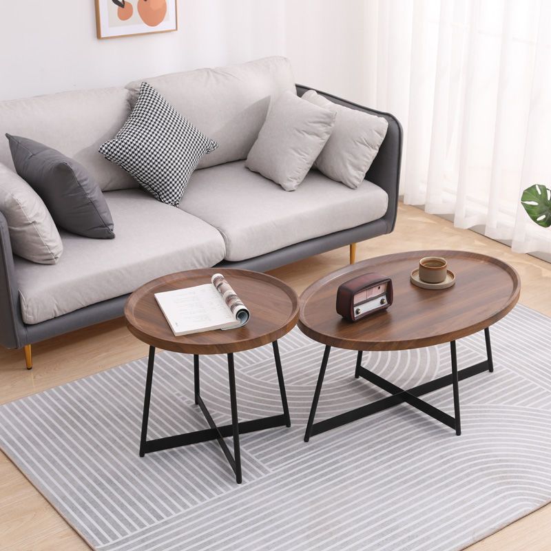 Stile moderno Black Metal Base Metal Bashing Wood/Walnut Oval/Round Table Top Side Table