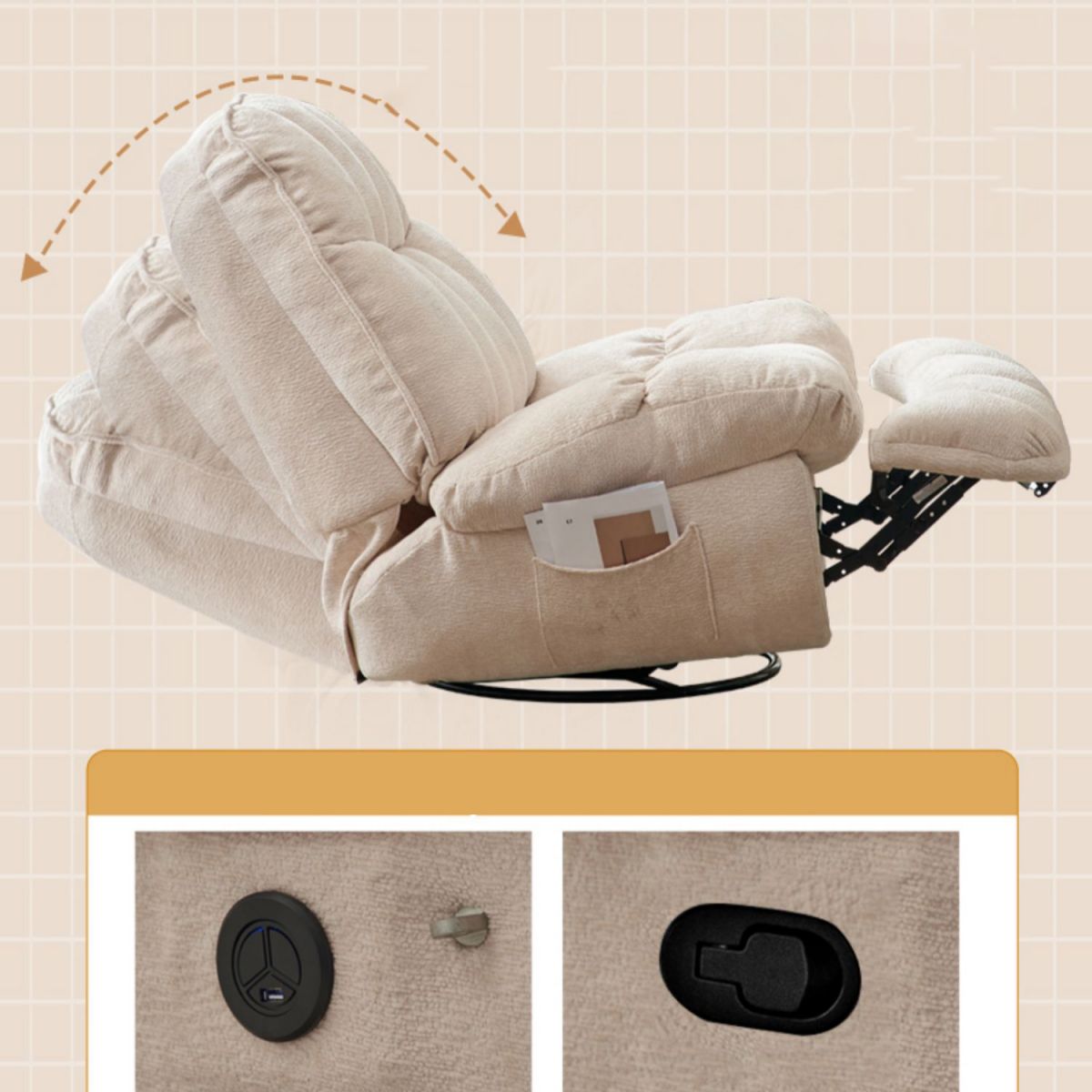 Contemporary Recliner Chair Swivel Rocker Metal Indoor Solid Color Side Pockets Clearhalo 'Chairs & Seating' 'furn' 'furn_recliners' 'Furniture' 'Living Room Furniture' 'Recliners' 1200x1200_b50550ed-3e24-4952-aca3-f4b9b1dffe62