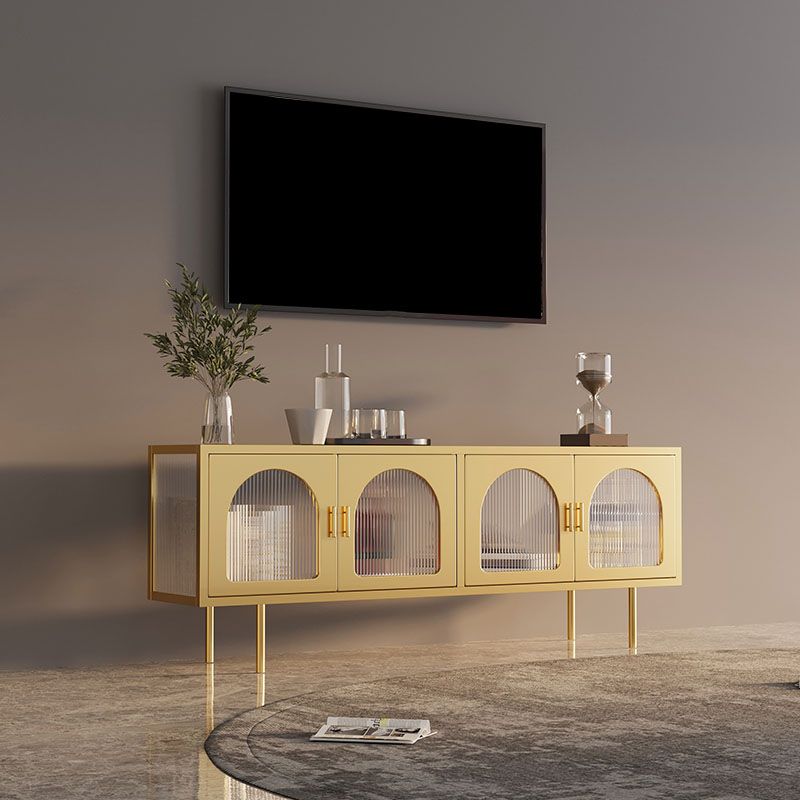 Support TV industriel 4 portes, console TV en métal et verre
