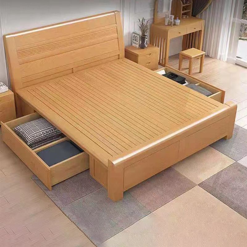 Cama de trineo de madera natural escandinavo con cabecera rectangular
