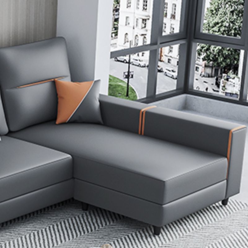 Faux Leather Sectional with 4 Pillows Back and Square Arms for Living Room