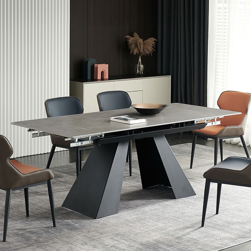 Table de salle à manger rectangulaire, plateau moderne en pierre grise avec base en métal noir