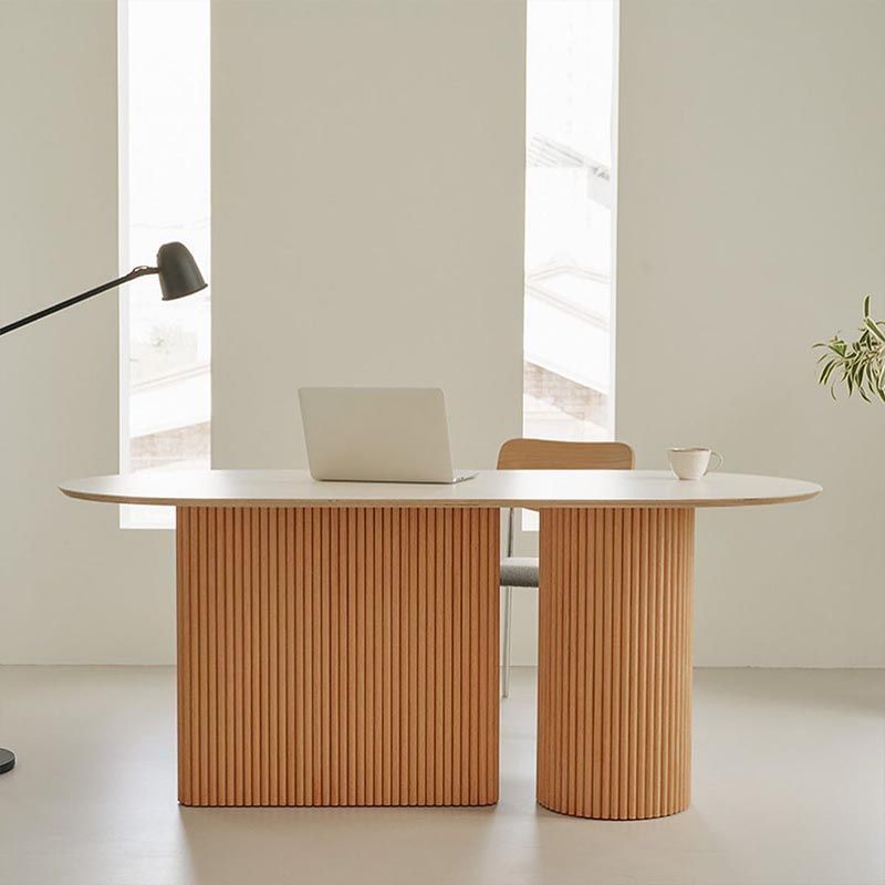 Ovaal vaste houten eettafel modern wit-natuurlijke meubels met dubbel voetstuk voor thuis